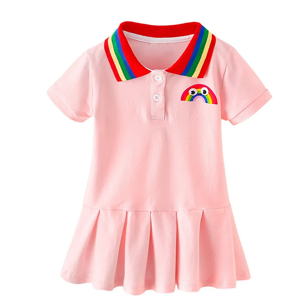 Платье для маленьких девочек милое детское платье с короткими рукавами и отворотами модные плиссированные платья на пуговицах с радужным принтом детское платье для девочек