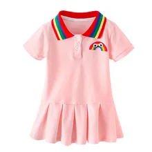 Платье для маленьких девочек милое детское платье с короткими рукавами и отворотами модные плиссированные платья на пуговицах с радужным принтом детское платье для девочек