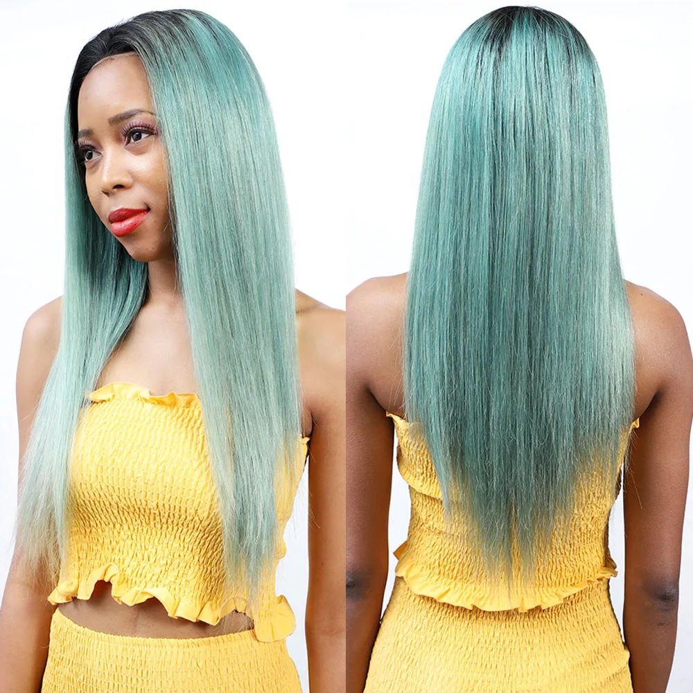 Синтетические волосы на кружеве человеческие волосы парик с Омбре зеленый Цветной волосы парик для черных Для женщин 13*4 Реми длинные