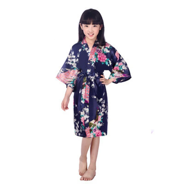 Wholesale Child's Satin Kimono Robes for Girls Kids Floral Sleepwear Peacock Flower Robe for Spa Wedding Birthday Nightgown 2