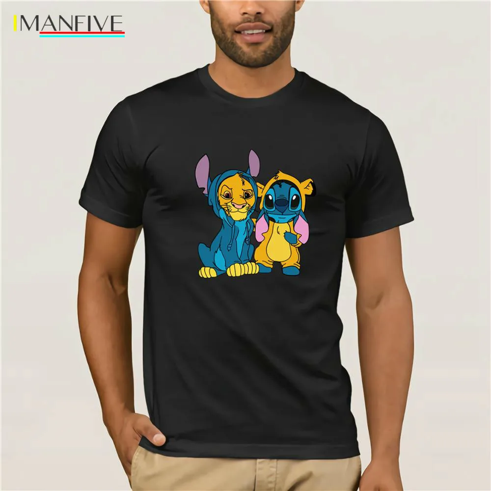 

IMANFIVE Brand Simba And Stitch Best Friend T-Shirt Men's Short Sleeve T-Shirt Short Casual Cotton