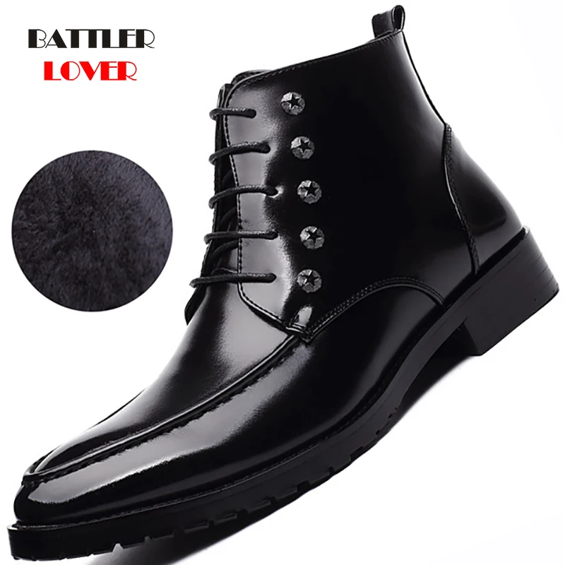 2019 Winter Fleece Fashion Genuine Leather Men Boots Pointed Toe Business Dress Boots Shoes Men Black Red Silver Ankle Boots Men
