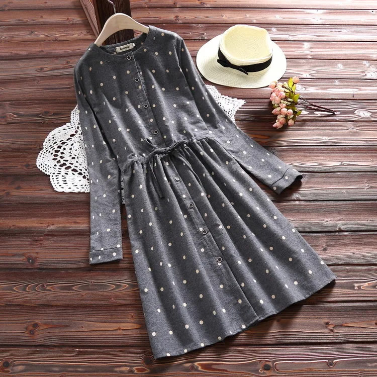 

S23413 Early Autumn New Style Mori Girl Line Polka Dot Printed Brushed Lace-up Dress Waist Hugging Mid-length Skirt Fashion