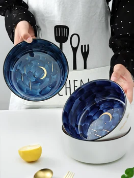 

1PCS Ceramic Bowl Tableware Kitchenware Portable Salad Bowl Moon Pattern Tableware Noodle