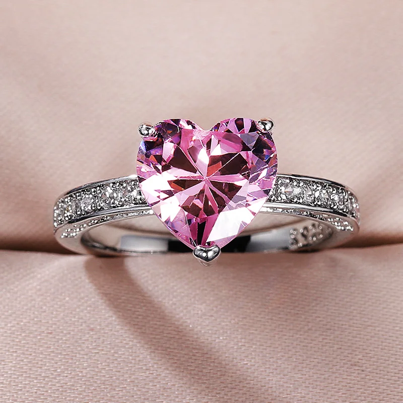 Huitan Luxury Solitaire Women Heart Engagement Rings AAA Pink Cubic Zirconia Proposal Rings For Girlfriend Fine Anniversary Gift