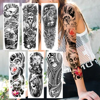 

Buddha Lotus Clock Tatoos Sticker Realistic Fake Skull Full Arm Totem Lion Large Sleeve Temporary Tattoos For Women Men Body Art