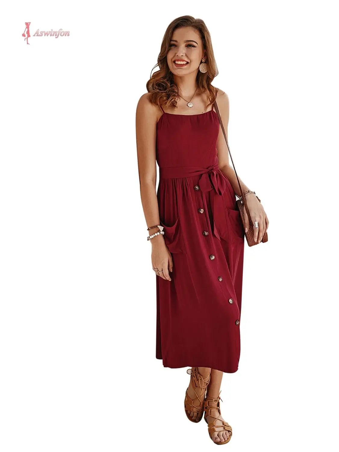 

Aswinfon 2020 Spring Summer Solid Color Strap Dress Women Sleeveless Dress A-line Midi Sexy Dresses Office Lady