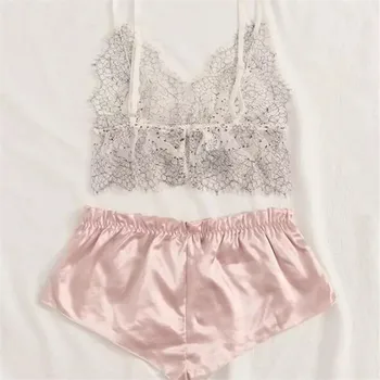 

Ladies Silk Satin Lace Pajama Set Nightwear Pyjama Babydoll Lingerie Sleepwear Summer 2PCS Set