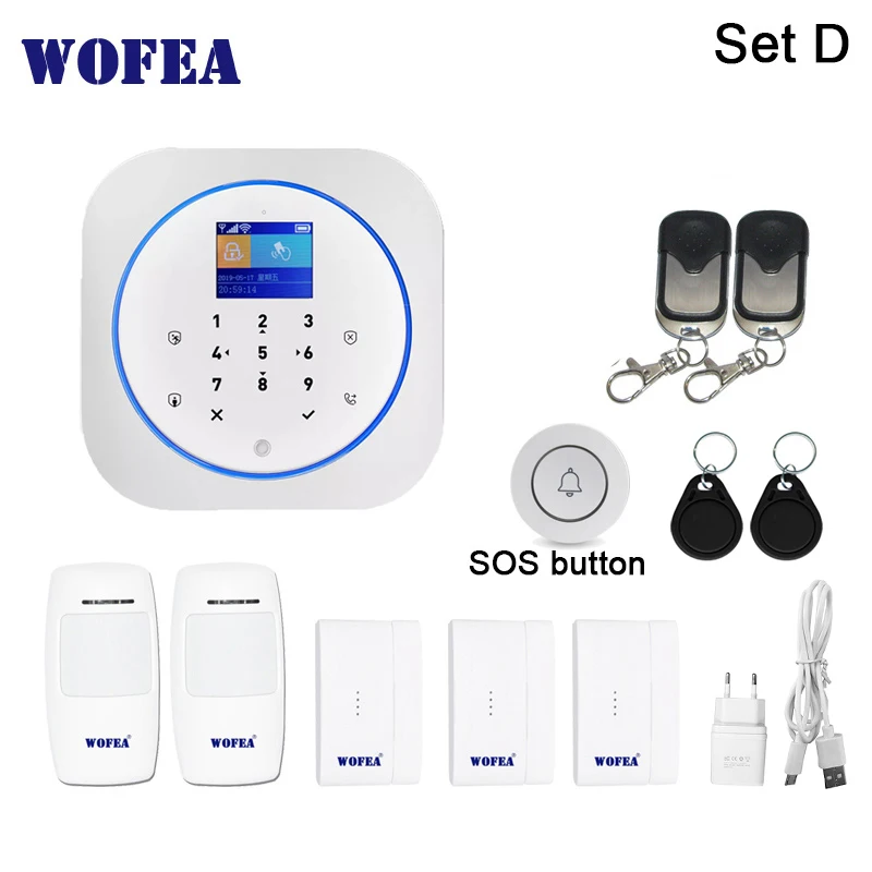SET D Wofea Беспроводной Wi-Fi и GSM сигнализация система RFID тег домашняя охранная сигнализация комплект tuyasmart приложение Встроенная сирена - Цвет: SET D