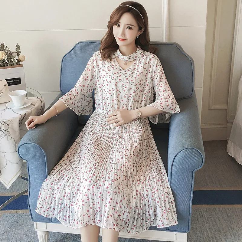 

2019 Maternity Clothes Summer Wear Floral-Print Chiffon Women Dress Mid-length Korean-style Maternity Dress