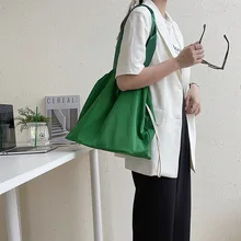 

MJ Women Shoulder Bag Nylon Fashion Drawstring Tote Handbags Large Capacity Shopping Bags Versatile Solid Color Shopper Bag