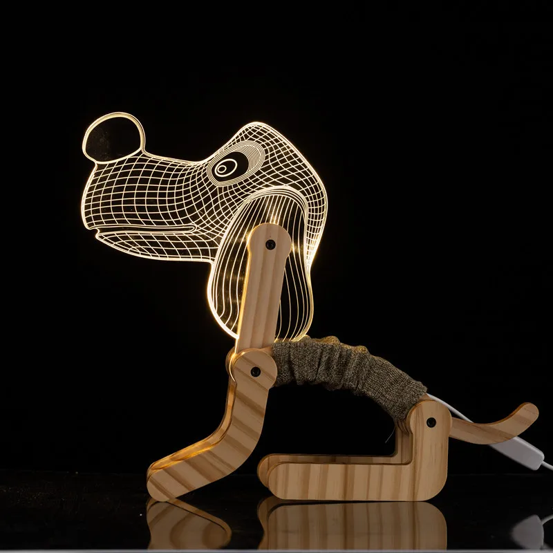 3D иллюзионный светодиодный светильник с деревянной основой для собак, складная акриловая панель, абажур, гибкий светильник для