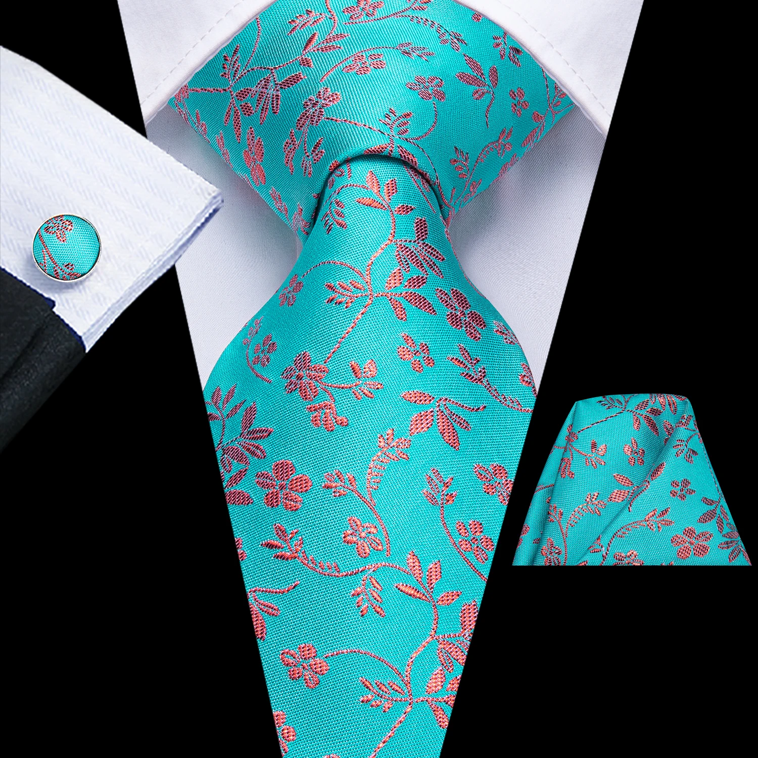 

Hi-Tie 2020 Blue Floral Mens Tie 8.5cm 100% Silk Wedding Tie For Men Design Hanky Cufflink Quality Men Tie Set Dropshipping