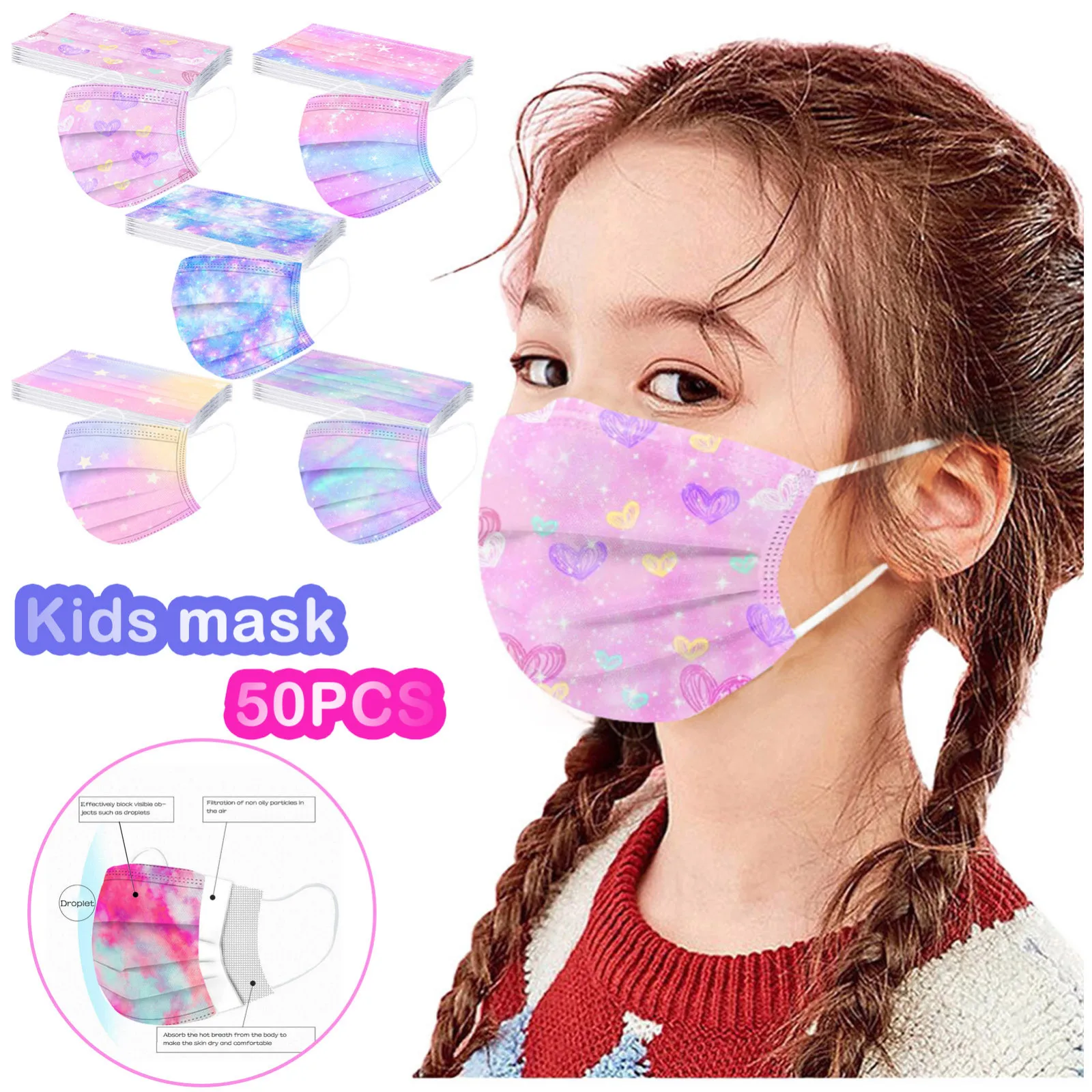 Face Mask 50PC Children Face Mask Mascara Gradient Star Printed Three-Layer Outdoor Breathable Dust-Proof Disposable Mask