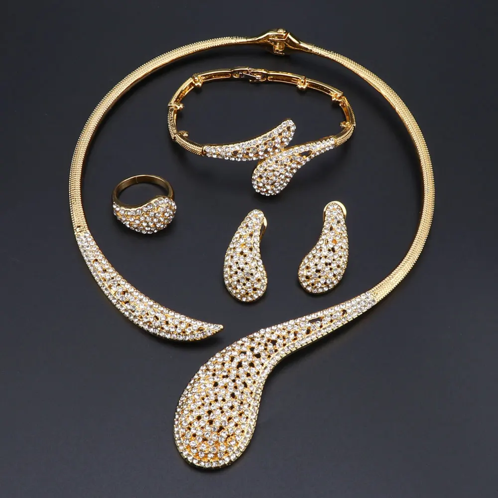 Золотой цвет ювелирный набор Капля воды кулон костюм в дубайском стиле ювелирные изделия Африканский простой элегантный ожерелье серьги браслет кольцо набор