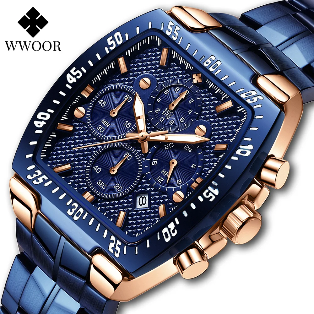 WWOOR Mens Quartz Wristwatches 2023 Fashion Sports Luxury Chronograph Square Watch with 316 Stainless Steel Blue Military Clocks