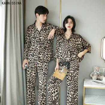 

Leopard Print Pajamas Sets Luxury Satin Silk Couple Sleepwear Women Men Turn-down Collar Autumn Night Suits Lounge Couple Pajama