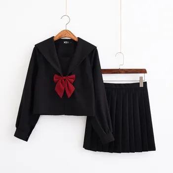 

2019 Autumn Japanese School Uniforms Cute Girls Black Long-length Sailor Tops Pleated Skirt Bowtie Set Cosplay Jk Costume Series