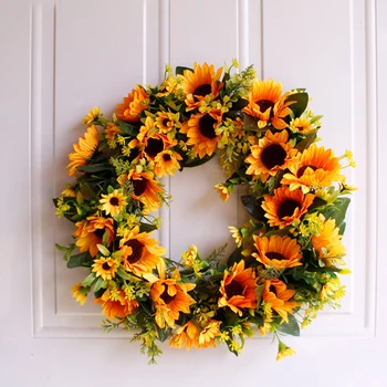 

Artificial Sunflower Summer Wreath Green Leaves Fake Wreath Door Wall Decor Artificial Wreath Sunflower Wreath 40CM