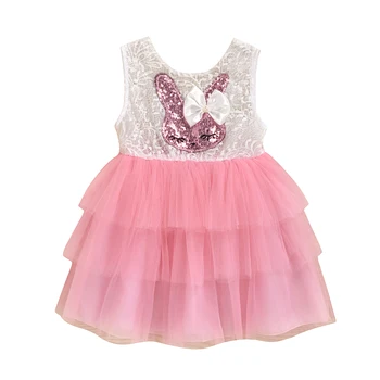 

Easter Bunny Toddler Baby Girl 0-4T Dress Sequined Sleeveless Rabbit Print Lace Romper Dress Lace Tutu Dress