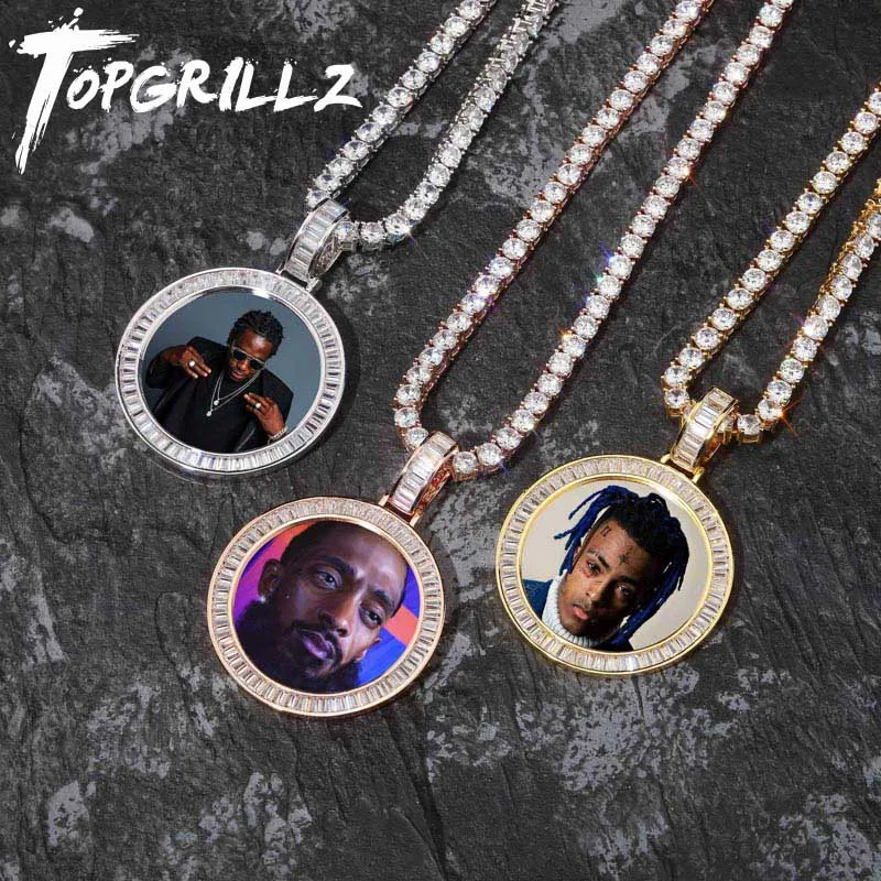 TOPGRILLZ изготовление на заказ фото медальоны ожерелье и кулон с 4 мм теннисная цепочка Золотой Серебряный кубический цирконий мужские хип хоп ювелирные изделия