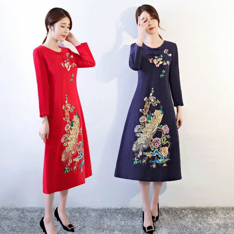

Ethnic-Style 2018 Spring New Style Women's Retro Embroidered Improved Fashion Cheongsam Long Cotton Linen Dress