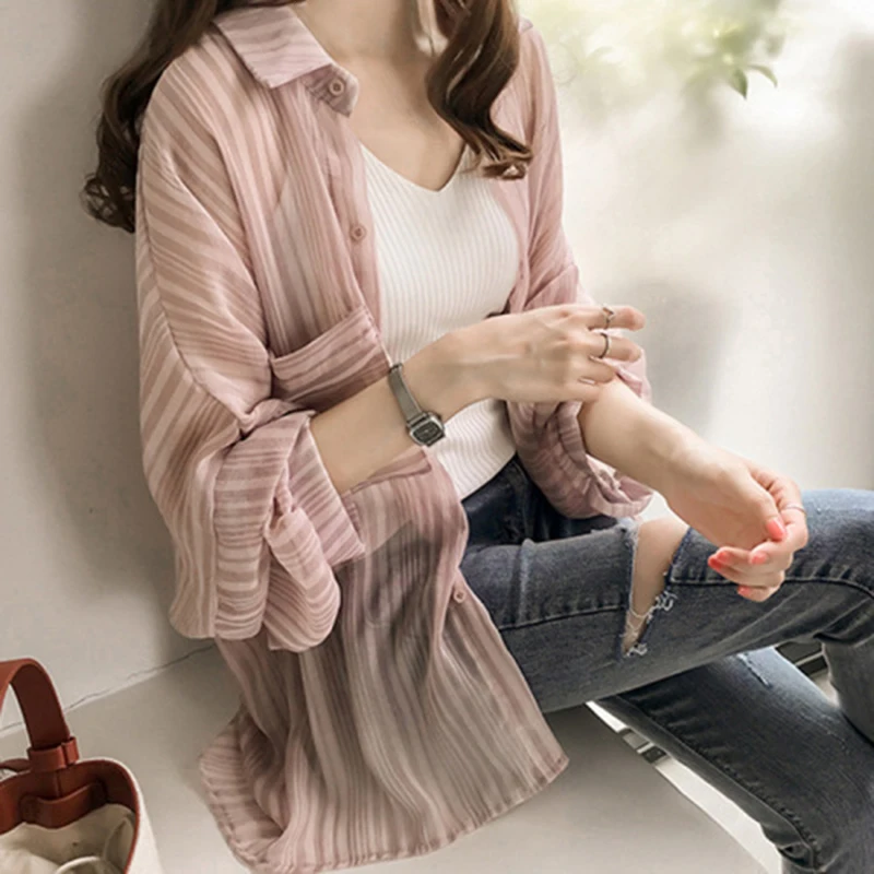 Summer Korea Style Women  All-Match Thin Cardigan Long Sleeve Chiffon Open Front Outdoor Sun Protection Clothing Tops 1