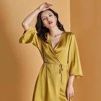 

Yellow Kimono Robe Gown With Belt Women Summer Sexy V-neck Nightgown Casual Home Clothes 3/4 Sleeve Solid Satin Bathrobe