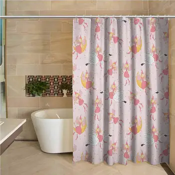 

Princess Hotel Quality Polyester Shower Curtain Pattern with Flying Fairies Setting on Moon Riding Swan Magical Stick Shower and