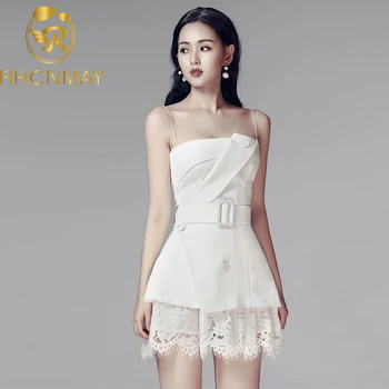 

2020 Summer New Sexy White Spaghetti Strap Sashes Lady Button Tops + Lace Shorts Suit For Women 2 piece Set