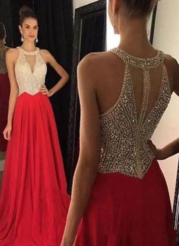Красный Vestidos de Fiesta, Длинные вечерние платья, красное шифоновое платье с бисером и кристаллами, ТРАПЕЦИЕВИДНОЕ официальное длинное платье с коротким шлейфом для выпускного вечера - Цвет: Красный