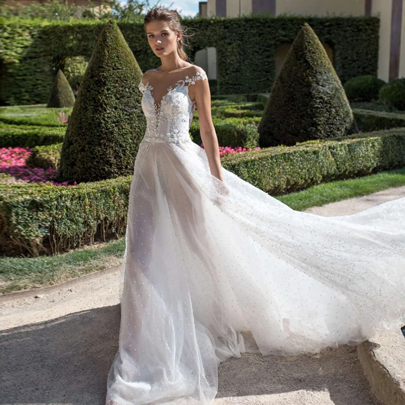 

Verngo Beach Wedding Dress Boho Beading Wedding Gowns Elegant Lace Appliques Bride Dress Vintage Robe De Mariee