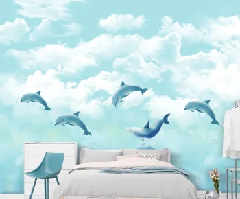 

CJSIR Custom 3d Wallpaper Mural Nordic Hand Drawn Cartoon Ocean Sky White Cloud Dolphin Children Room Background Wall Paper