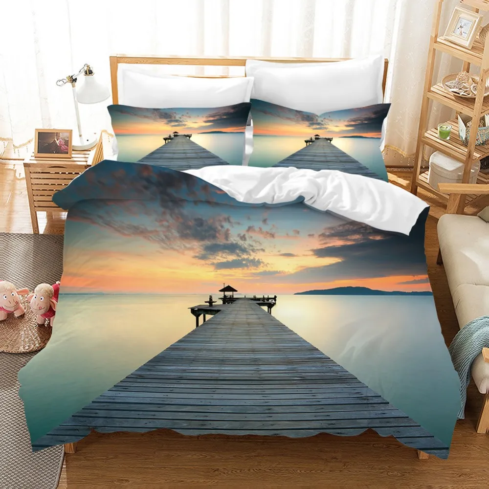 

2/3PCS Holiday Theme Tropical Ocean Bedding Set Natural View Bed Linen Set Bridge Sunrise Microfiber Duvet Cover Set Pillowcase