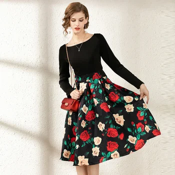 

Winter Christmas Dresses Women 50S 60S Vintage Robe Swing Pinup Elegant Party Dress Long Sleeve Casual Plus Size Print Black