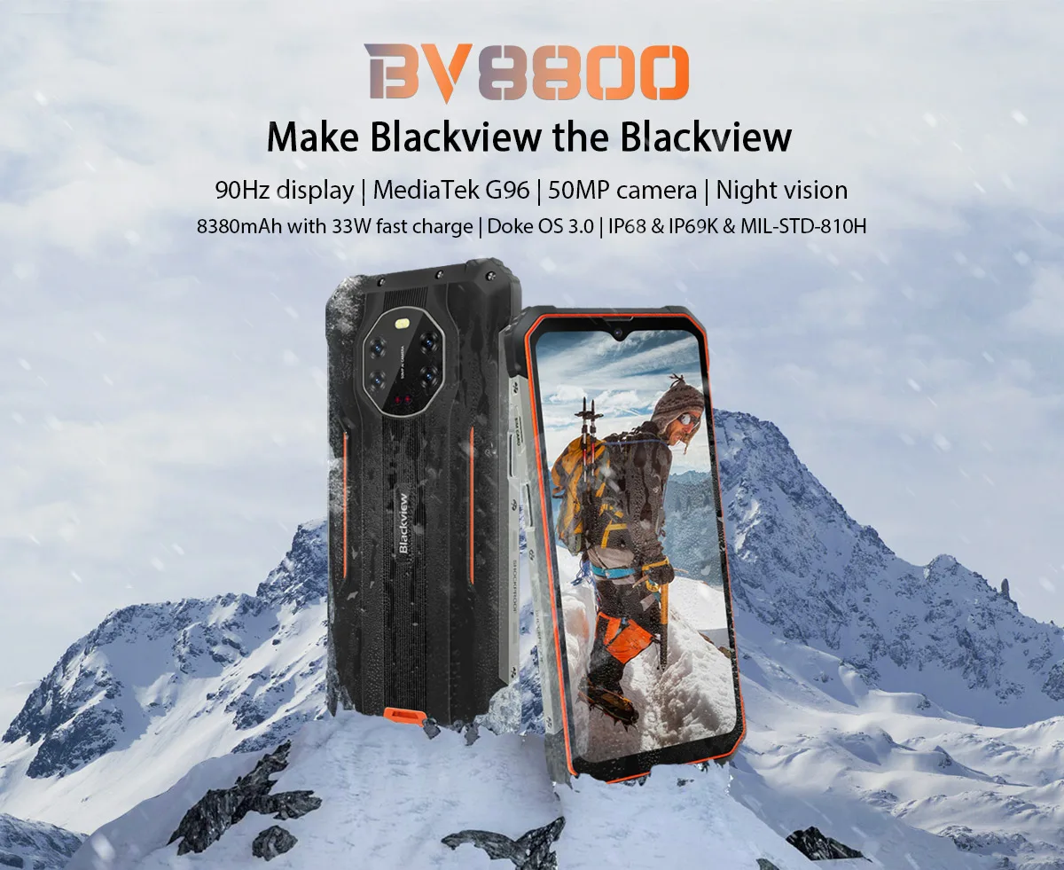 BLACKVIEW BV8800 IP68 Rugged Smartphone 90Hz Display 8GB+128GB Helio G96 8380mAh Mobile Phone 50MP Cameras 33W Fast Charging best ram for gaming