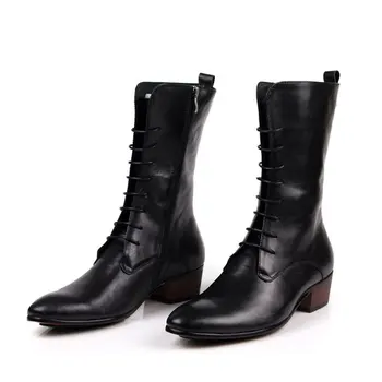 

Men Retro Pointed Toe Lace Up Riding Boots Top Brand Genuine Leather Punk Mid-Calf Italian Block Heel Shoes Male Footwear