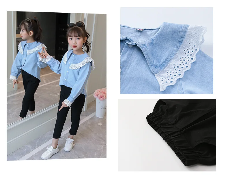 Осенний комплект с рубашкой для девочек, коллекция года, новая стильная Весенняя джинсовая рубашка на шнуровке для девочек черно-белый комплект со штанами-стрейч с рисунком