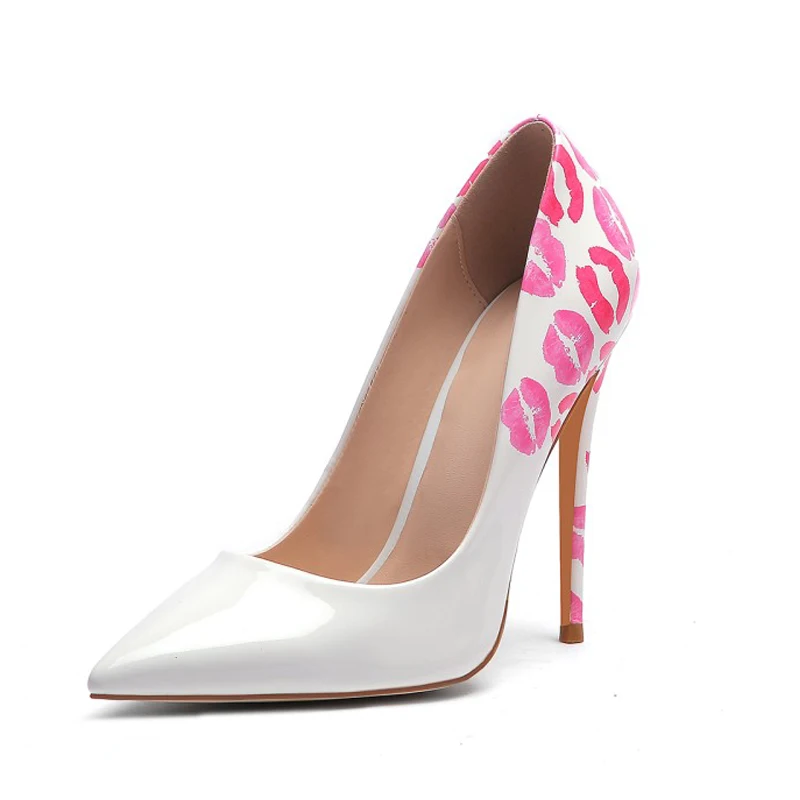 Damas Graffiti de tacón alto zapatos de punta puntiaguda patrón de labios clásico de lujo marca bombas 8cm 10cm 12cm tacón Zapatos de boda, zapatos 34-45