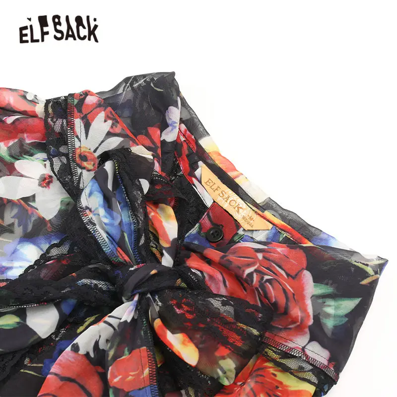 ELFSACK Цветочный принт контрастным шнурком Boho Шифоновая блузка рубашка женская одежда осень для отдыха с длинными рукавами блузки для девушек