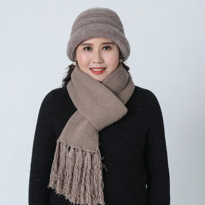 Middle-aged Lady Hat Autumn Warm Wool Mixed Warm Hat Woolen Cap Middle Age Mother Grandmother Knitted Hat scarf gloves Hat