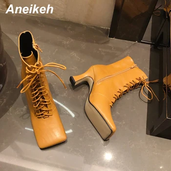 

Aneikeh Fashion Spring Shoes For Women Ankle Chelsea Boots PU Cross-tied Thin Heels Lace-Up Square Toe Party Pumps Size 35-39