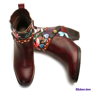 

Retro Braided Boots Rope Embossing Genuine Leather Splicing High Heel Boots Ladies Shoes Women Botines Mujer 2020