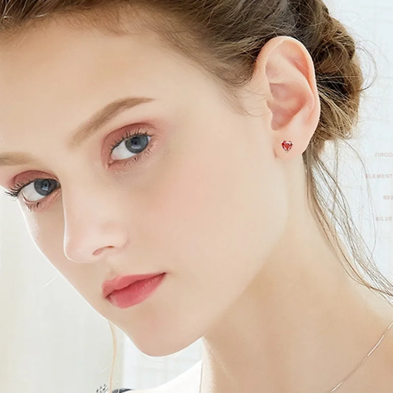 925 Sterling Silver Small Stud Earring Light RED CRYSTAL Simple Heart Earring for Woman Fashion Party Fine Jewelry silver earrings silver stud earrings heart earrings