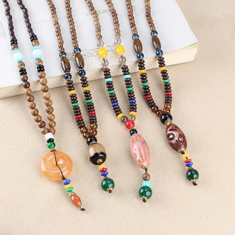 

Ethnic-Style Door Frame Wooden Bead Long Necklace Cotton Linen Collocation Accessories Travel Attractions Accessories