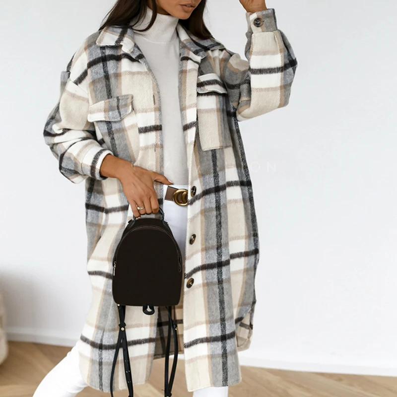

Casual Spring Plaid Long Blouse Women High Street Lantern Sleeves Shirt Pocket Button Ladies Outwear Shirts Loose 2021