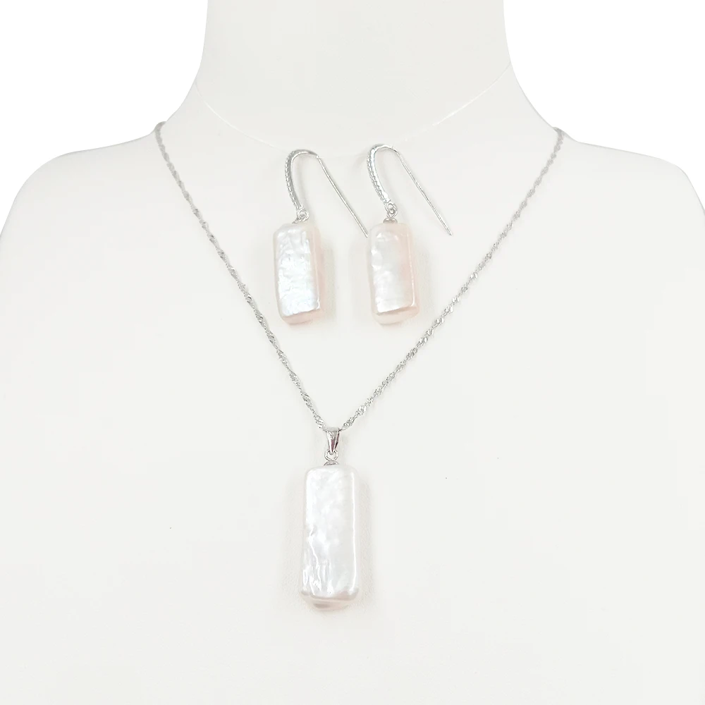 

100% NATURE FRESHWATER PEARL JEWELRY SET NECKLACE AND EARRING-good big RECTANGLE baroque pearl, 925 SILVER earring and chain