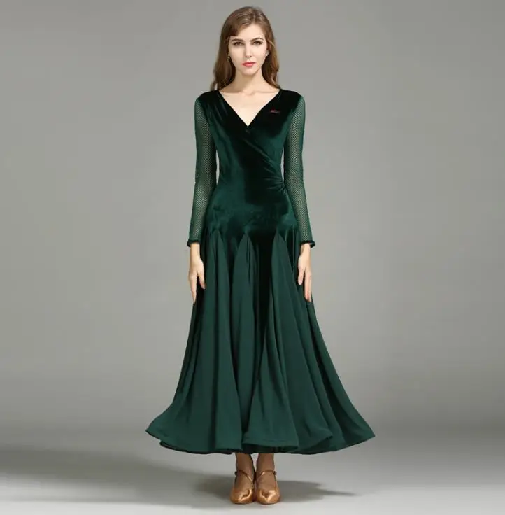 Dark Green Бархатный лиф с длинными сетчатыми рукавами бальное танцевальное платье фламенко костюмы для выступлений женский танец Танго юбка для вальса A0065 - Цвет: Dark Green