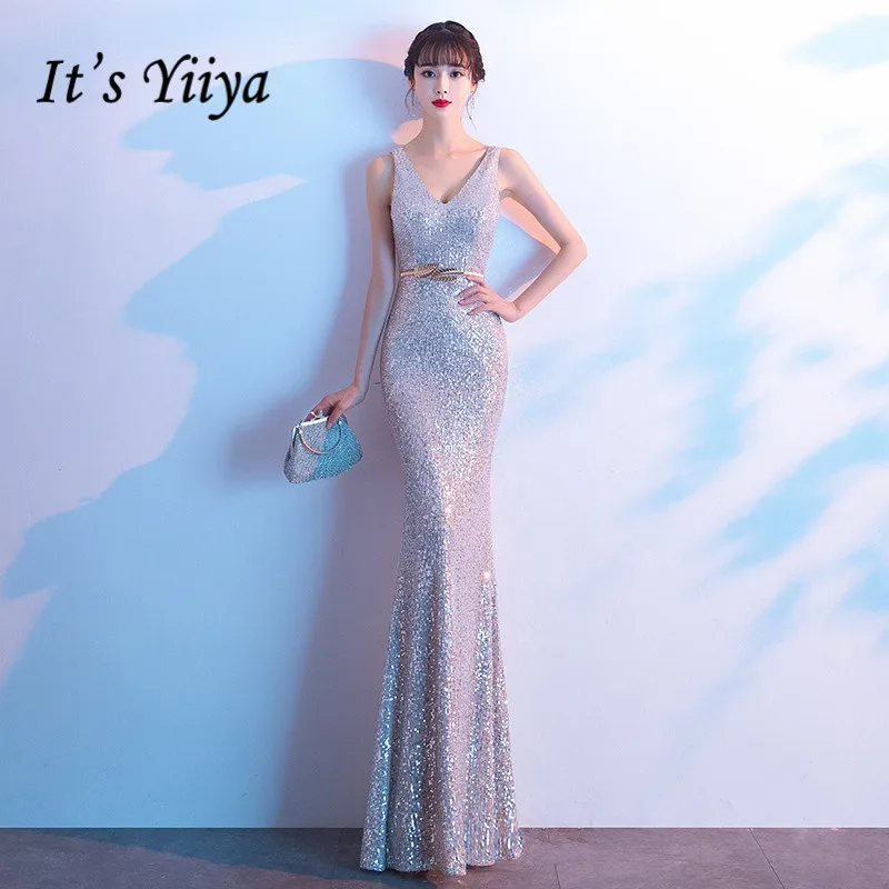 

It's Yiiya Evening Dresses Silver Sequined Shining Tank Sleeveless Formal Evening Gowns Mermaid Long Evening Dress For Girl K091