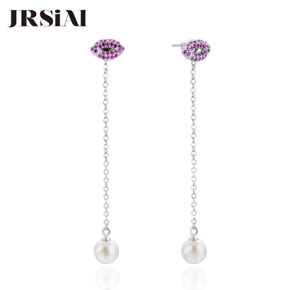 

JRSIAL 925 Sterling Silver Jewelry Pearl Earrings Zircon Bead Sexy Lips Long Earring Woman Korean Fashion Earrings